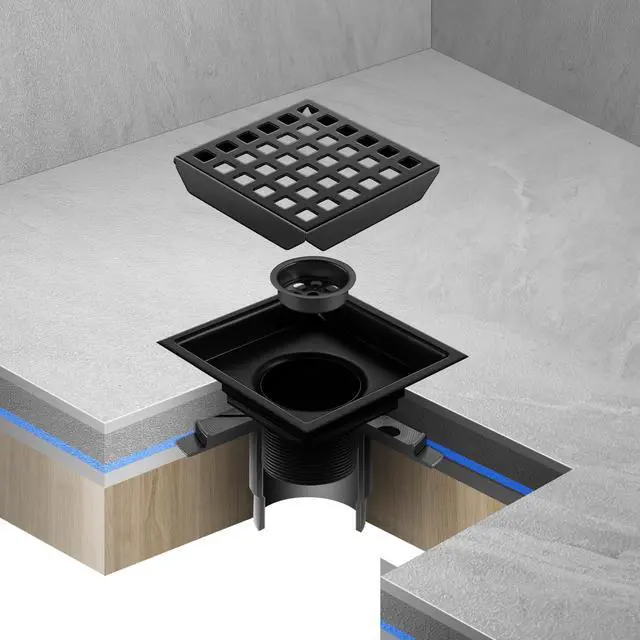 Alt view image 6 of 7 - Shower Drain, Matte Black 4 inch Square Shower Floor Drain with Flange, Removeable Grid Panel SUS 304 Stainless Steel Square Shower Drain