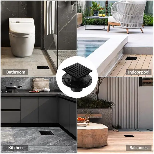 Alt view image 7 of 7 - Shower Drain, Matte Black 4 inch Square Shower Floor Drain with Flange, Removeable Grid Panel SUS 304 Stainless Steel Square Shower Drain