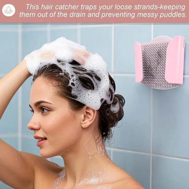 Alt view image 7 of 7 - Shower Wall Hair Catcher - Reusable Hair Trap for Drain Protector, Hair Collector with Silicone Bristle, Shower Drain Hair Catcher for Bathroom Bathtub, Easy to Clean & Detachable, Pink