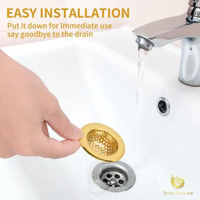 Alt view image 3 of 7 - Bathroom Sink Strainers, 2 Pack 2.17 Inches Stainless Steel Small Mesh Utility Sink Drain Stopper Basket Cover Plug Screen, Gold