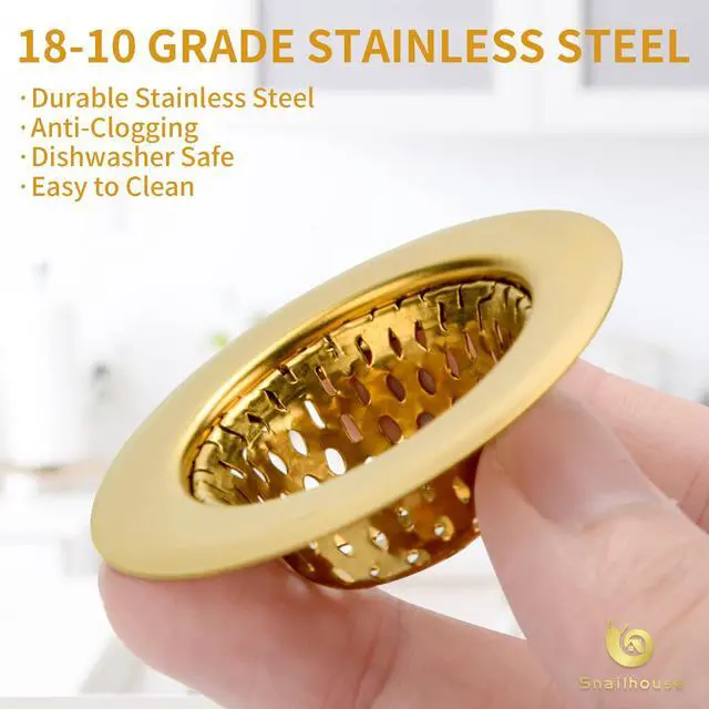 Alt view image 4 of 7 - Bathroom Sink Strainers, 2 Pack 2.17 Inches Stainless Steel Small Mesh Utility Sink Drain Stopper Basket Cover Plug Screen, Gold
