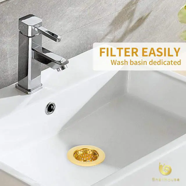 Alt view image 5 of 7 - Bathroom Sink Strainers, 2 Pack 2.17 Inches Stainless Steel Small Mesh Utility Sink Drain Stopper Basket Cover Plug Screen, Gold