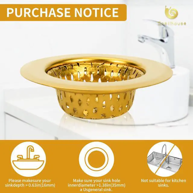 Alt view image 6 of 7 - Bathroom Sink Strainers, 2 Pack 2.17 Inches Stainless Steel Small Mesh Utility Sink Drain Stopper Basket Cover Plug Screen, Gold