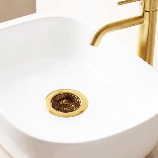 Alt view image 7 of 7 - Bathroom Sink Strainers, 2 Pack 2.17 Inches Stainless Steel Small Mesh Utility Sink Drain Stopper Basket Cover Plug Screen, Gold