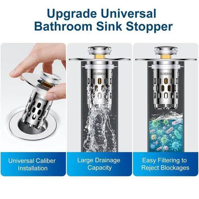 Alt view image 6 of 7 - Bathroom Sink Drain Strainer,All Metal Pop-Up Sink Stopper with Removable Stainless Steel Filter Basket, Universal Bathroom Hair Catcher Fit for 1.1-2.36'' Drain (Silver, 1 Pack)