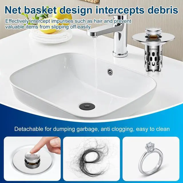 Alt view image 7 of 7 - Bathroom Sink Drain Strainer,All Metal Pop-Up Sink Stopper with Removable Stainless Steel Filter Basket, Universal Bathroom Hair Catcher Fit for 1.1-2.36'' Drain (Silver, 1 Pack)