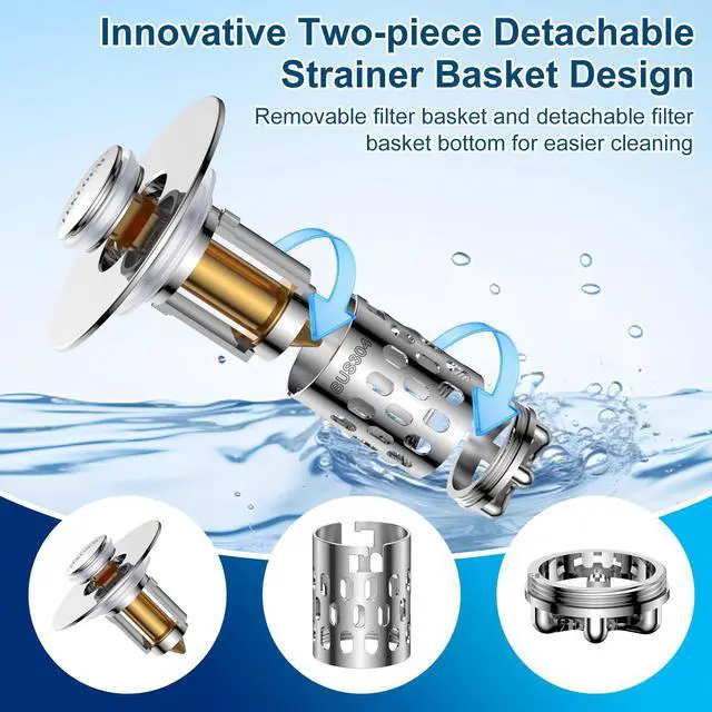 Alt view image 5 of 7 - Bathroom Sink Drain Strainer,All Metal Pop-Up Sink Stopper with Removable Stainless Steel Filter Basket, Universal Bathroom Hair Catcher Fit for 1.1-2.36'' Drain (Silver, 1 Pack)