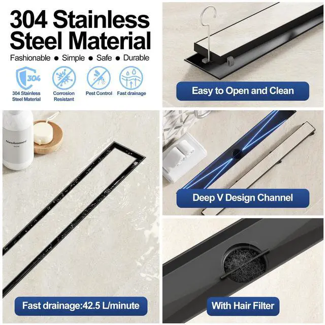 Alt view image 4 of 7 - Inch Linear Shower Drain-Matte Black,with Tile Insert Grate