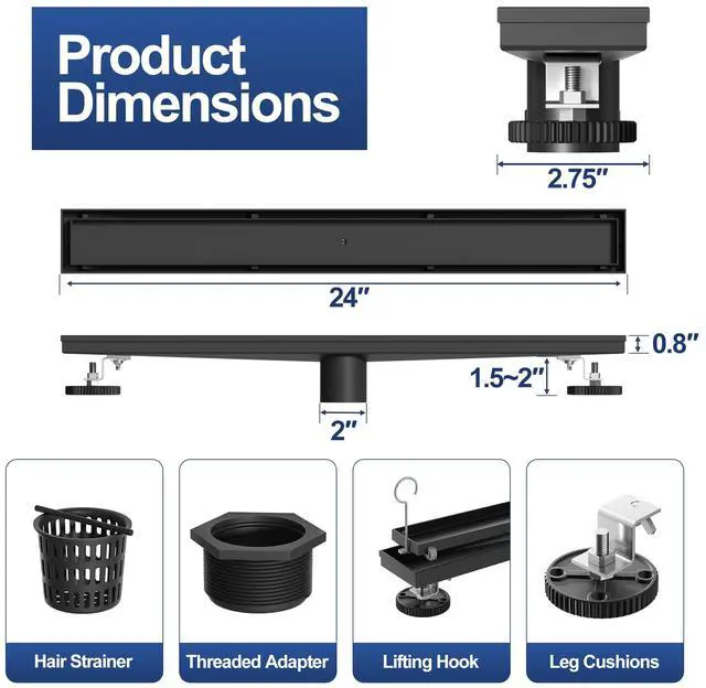 Alt view image 2 of 7 - Inch Linear Shower Drain-Matte Black,with Tile Insert Grate