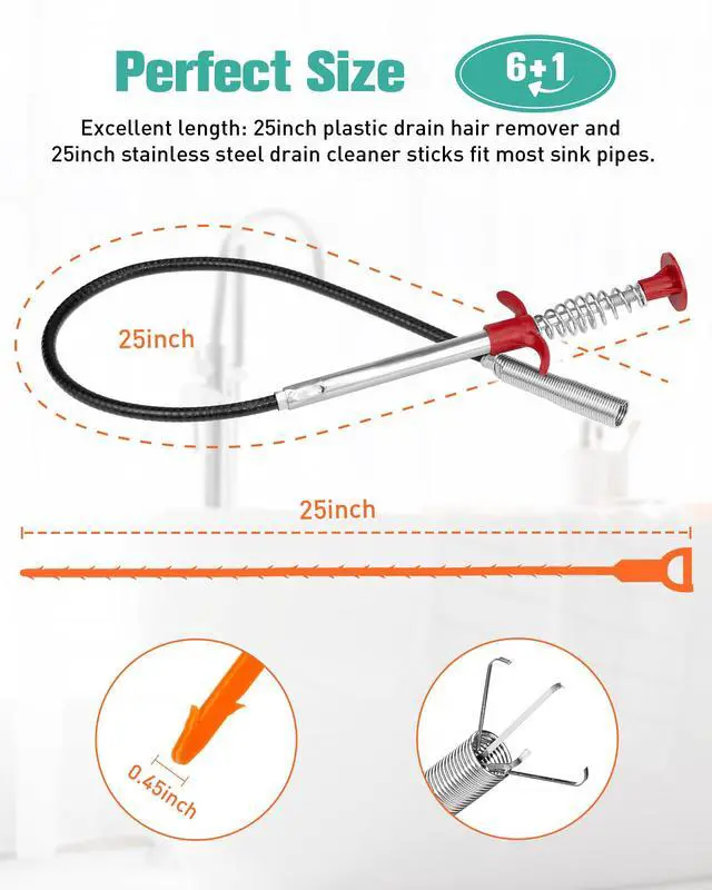 Alt view image 2 of 7 - Drain Clog Remover Tool, Cleaner Hair Clog Remover(6pcs), Cleaner Sticks to Drain Hair Clog for Remover(1pcs), Sink Snake for Shower Kitchen Sink Bath Tub Bathroom(6+1)