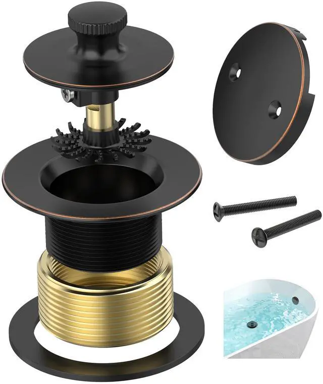 Main image of Oil Rubbed Bronze Bathtub Drain, Hair Catcher and 2-Hole Overflow Faceplate, 11.5/16 UNC, Lift and Turn Bathtub Drain Replacement, Tub Drain Stopper