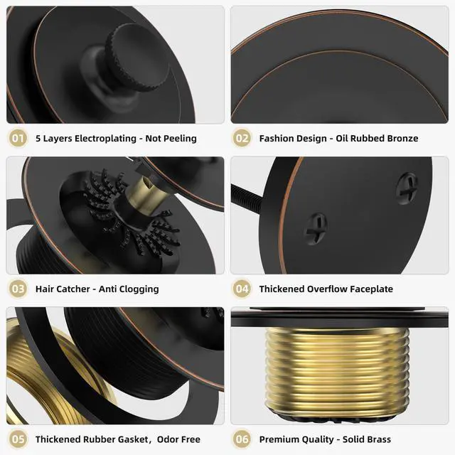 Alt view image 4 of 7 - Oil Rubbed Bronze Bathtub Drain, Hair Catcher and 2-Hole Overflow Faceplate, 11.5/16 UNC, Lift and Turn Bathtub Drain Replacement, Tub Drain Stopper