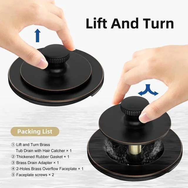 Alt view image 6 of 7 - Oil Rubbed Bronze Bathtub Drain, Hair Catcher and 2-Hole Overflow Faceplate, 11.5/16 UNC, Lift and Turn Bathtub Drain Replacement, Tub Drain Stopper