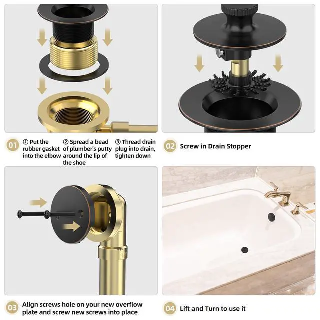 Alt view image 7 of 7 - Oil Rubbed Bronze Bathtub Drain, Hair Catcher and 2-Hole Overflow Faceplate, 11.5/16 UNC, Lift and Turn Bathtub Drain Replacement, Tub Drain Stopper