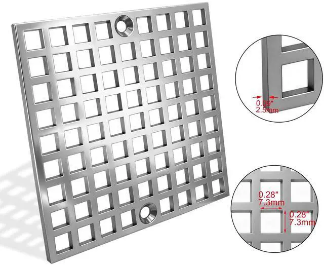 Alt view image 2 of 7 - 4" Matte Silver Shower Drain Cover, 304 Stainless Steel Square Floor Drain Cover Replacement, Drain Strainer and Hair Catcher for Showers, Bathrooms, and Sinks