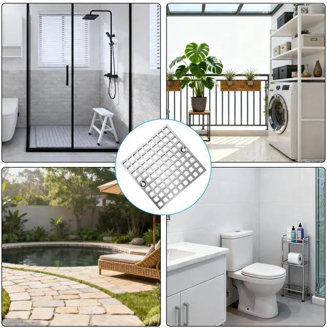 Alt view image 6 of 7 - 4" Matte Silver Shower Drain Cover, 304 Stainless Steel Square Floor Drain Cover Replacement, Drain Strainer and Hair Catcher for Showers, Bathrooms, and Sinks