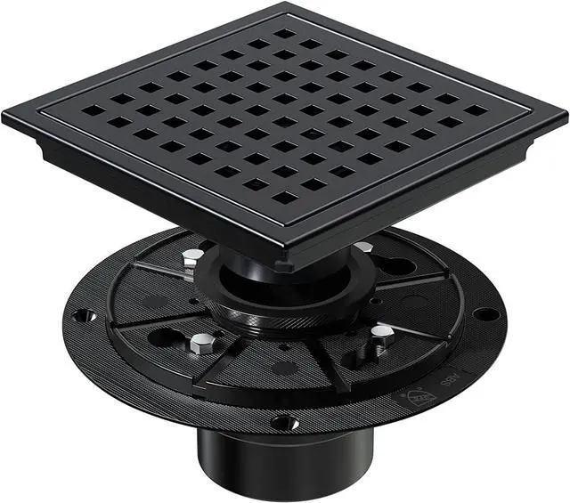 Main image of Inch Shower Drain Matte Black, Square Bathroom Floor Drain, Stainless Steel Drain Kit with Flange, Removable Grid Cover, Hair Strainer