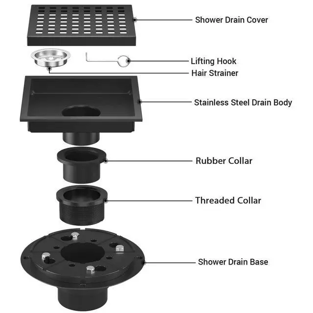 Alt view image 2 of 5 - Inch Shower Drain Matte Black, Square Bathroom Floor Drain, Stainless Steel Drain Kit with Flange, Removable Grid Cover, Hair Strainer