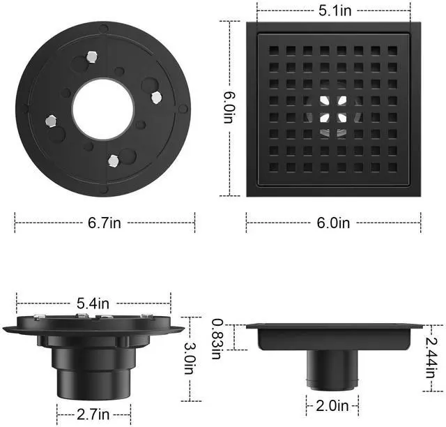 Alt view image 3 of 5 - Inch Shower Drain Matte Black, Square Bathroom Floor Drain, Stainless Steel Drain Kit with Flange, Removable Grid Cover, Hair Strainer