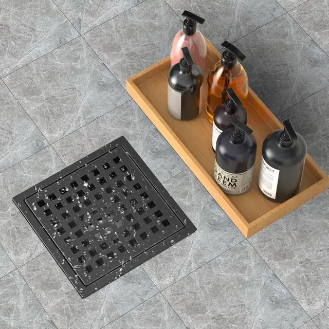 Alt view image 4 of 5 - Inch Shower Drain Matte Black, Square Bathroom Floor Drain, Stainless Steel Drain Kit with Flange, Removable Grid Cover, Hair Strainer