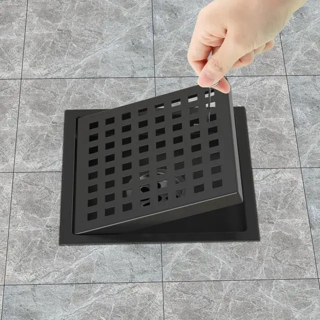 Alt view image 5 of 5 - Inch Shower Drain Matte Black, Square Bathroom Floor Drain, Stainless Steel Drain Kit with Flange, Removable Grid Cover, Hair Strainer