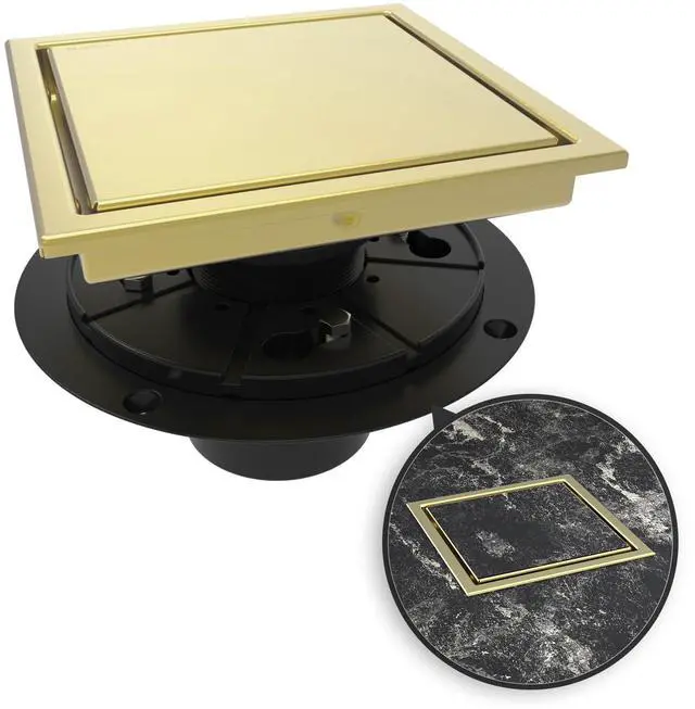 Main image of Inch Square Shower Drain Gold Floor Drain with Flange Reversible 2-in-1 Cover Tile Insert Grate Removable SUS304 Stainless Steel CUPC Certified Brushed Gold