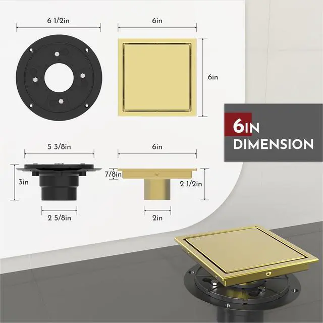Alt view image 2 of 6 - Inch Square Shower Drain Gold Floor Drain with Flange Reversible 2-in-1 Cover Tile Insert Grate Removable SUS304 Stainless Steel CUPC Certified Brushed Gold