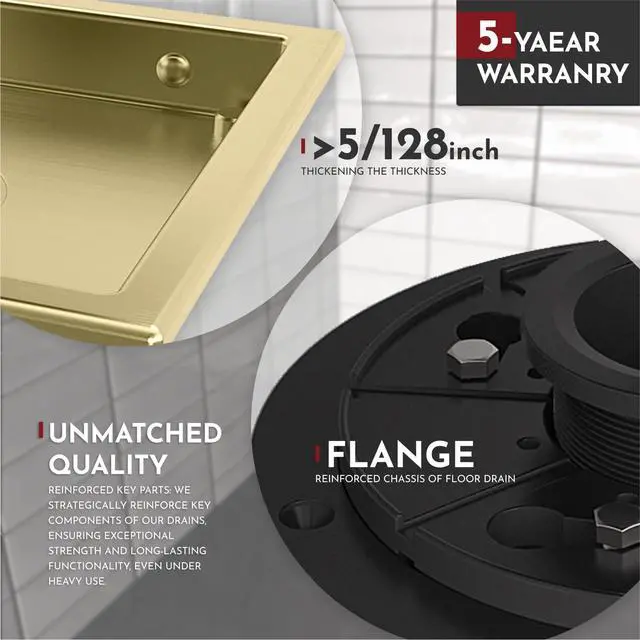 Alt view image 3 of 6 - Inch Square Shower Drain Gold Floor Drain with Flange Reversible 2-in-1 Cover Tile Insert Grate Removable SUS304 Stainless Steel CUPC Certified Brushed Gold
