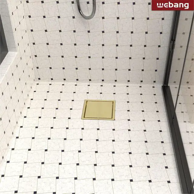 Alt view image 6 of 6 - Inch Square Shower Drain Gold Floor Drain with Flange Reversible 2-in-1 Cover Tile Insert Grate Removable SUS304 Stainless Steel CUPC Certified Brushed Gold