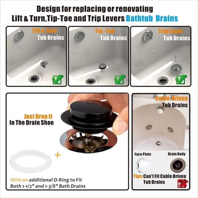 Alt view image 2 of 7 - Universal Tip Toe Bath Drain Stopper and Cover, Bathtub Drain Stopper, Replaces Lift and Turn, Tip-Toe and Trip Lever drains for Tub, EZ Installation and Clearing (MATT Black)