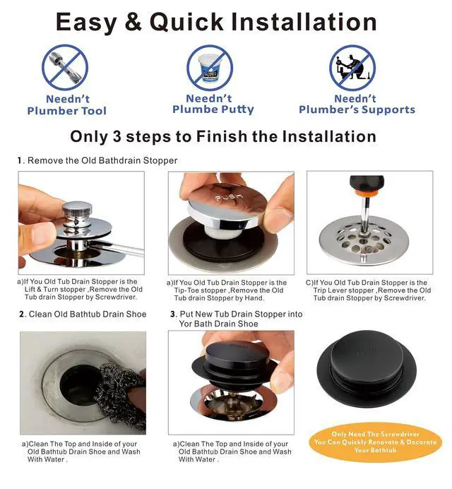 Alt view image 7 of 7 - Universal Tip Toe Bath Drain Stopper and Cover, Bathtub Drain Stopper, Replaces Lift and Turn, Tip-Toe and Trip Lever drains for Tub, EZ Installation and Clearing (MATT Black)