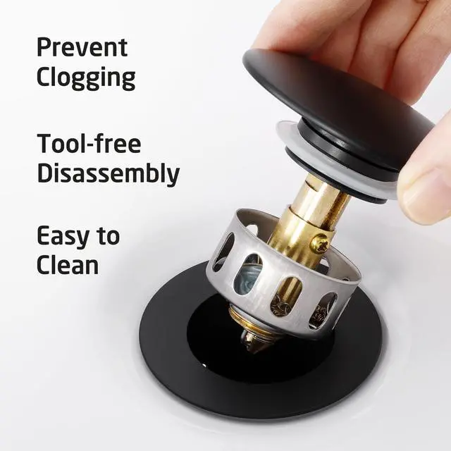 Alt view image 5 of 7 - All Metal Bathroom Sink Drain with Strainer Basket Hair Catcher Anti Clog Pop Up Drain Stopper for Lavatory Vanity Vessel Sink with Overflow, Rustproof 18/8 Stainless Steel Matte Black S2013A-BK