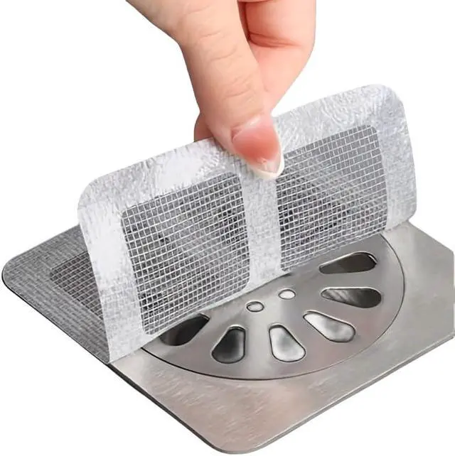 Alt view image 2 of 7 - Disposable Shower Drain Hair Catcher Mesh Stickers 4"x4" Strong Adhesive Mesh Covers for Bathroom, Kitchen & Laundry Waterproof Hair Trap Easy Apply & Remove