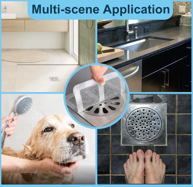 Alt view image 3 of 7 - Disposable Shower Drain Hair Catcher Mesh Stickers 4"x4" Strong Adhesive Mesh Covers for Bathroom, Kitchen & Laundry Waterproof Hair Trap Easy Apply & Remove