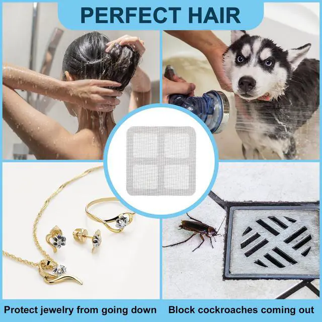 Alt view image 4 of 7 - Disposable Shower Drain Hair Catcher Mesh Stickers 4"x4" Strong Adhesive Mesh Covers for Bathroom, Kitchen & Laundry Waterproof Hair Trap Easy Apply & Remove