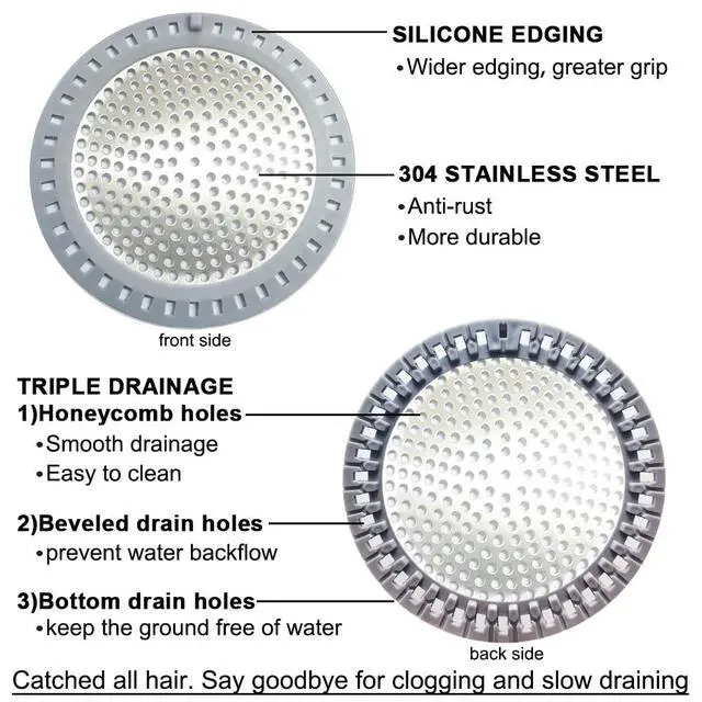 Alt view image 3 of 6 - Shower Drain Hair Catcher, Shower Drain Strainer, Stainless Steel with Silicone Edging, 4.75 Inch Diameter