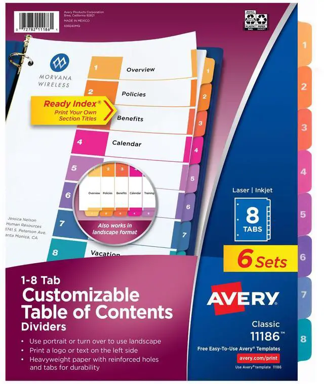 Main image of Tab Dividers for 3 Ring Binders, Customizable Table of Contents, Multicolor Tabs, 6 Sets (11186)