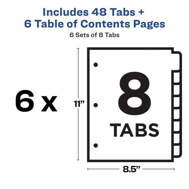 Alt view image 4 of 7 - Tab Dividers for 3 Ring Binders, Customizable Table of Contents, Multicolor Tabs, 6 Sets (11186)