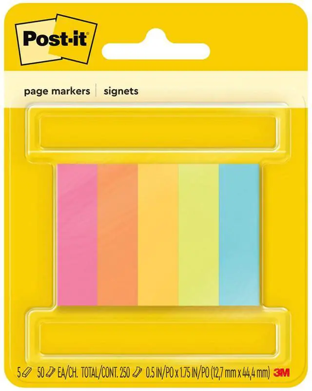 Main image of Page Markers, Assorted Colors, 1/2 in x 2 in, 50 Sheets/Pad, 5 Pads/Pack (670-5AF)