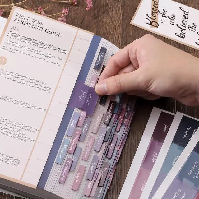 Alt view image 3 of 6 - Laminated & Repostion Bible Tabs, Large Print Christian Gift for Women and Men, Easy to Read and Apply Bible Journaling Tabs (Purple & Pink Print)