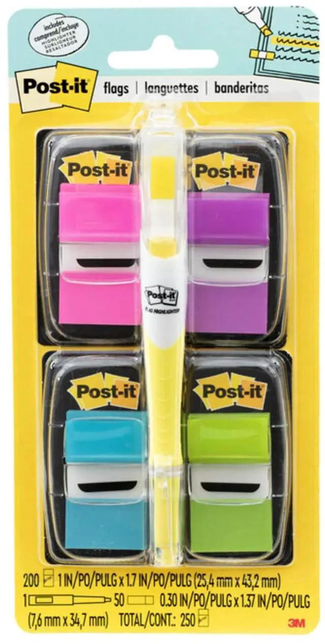 Main image of Flags Value Pack, 50/Dispenser, 4 Dispensers/Pack, 1 in Wide, Assorted Bright Colors, Includes FREE Flags + Highlighter (680-PPBGVA)