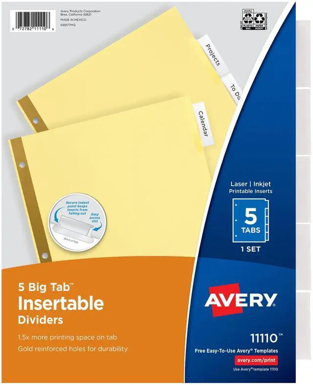 Main image of Insertable Dividers for 3 Ring Binder, 5-Tab Set, Clear Big Tabs, Buff Paper with Gold-Reinforced, 1 Set, Great for Organizing Projects, Reports, Finances, and More (11110)