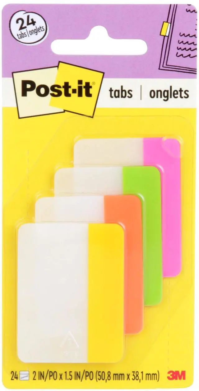 Main image of 2 in. x 1.5 in., 4 Pads of Book Tabs in Assorted Bright Colors for Bookmarking, Annotating, Reading, and Reminders, Yellow, Pink, Orange, and Green (24 Total Count)