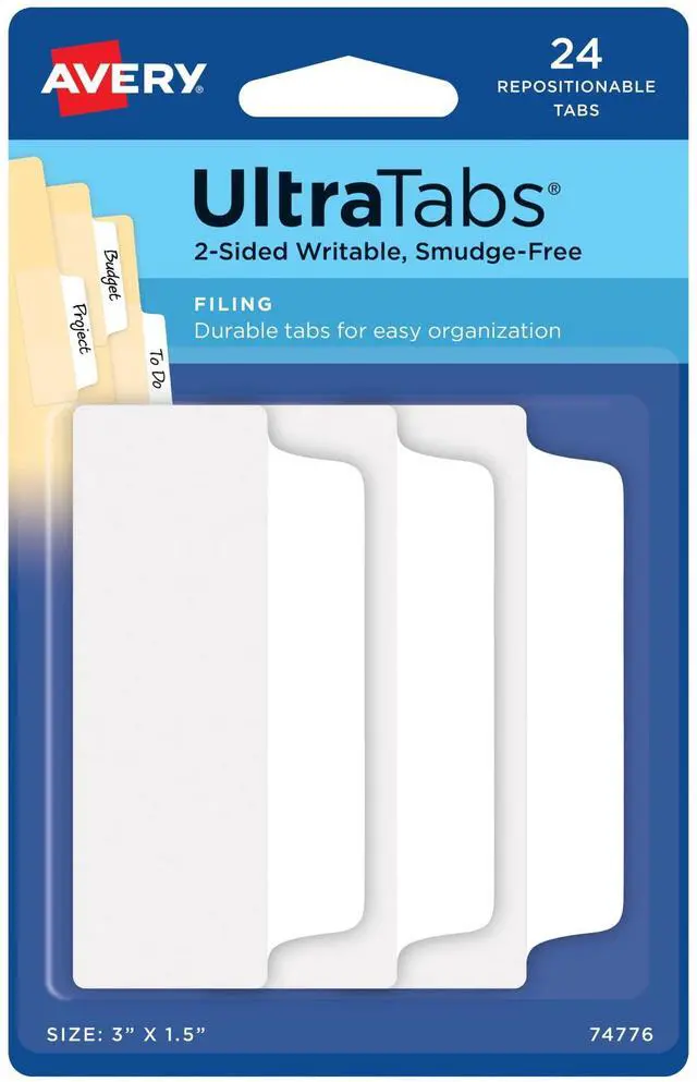 Main image of 3" x 1.5", 2-Side Writable, White, 24 Repositionable File Tabs