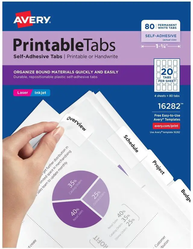 Main image of Printable Self-Adhesive Plastic Tabs, 1-3/4", Repositionable Adhesive, White, Pack of 80