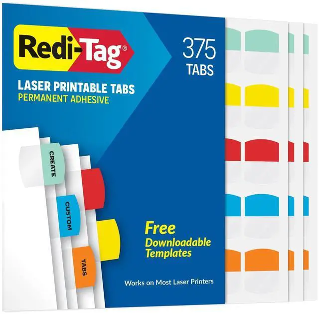 Main image of Laser Printable Tabs, Permanent Index Tabs, Customizable Adhesive Labels, 5 Assorted Colors: Yellow, Red, Blue, Green, Orange, 1.125" x 1.25", 375 Per Pack