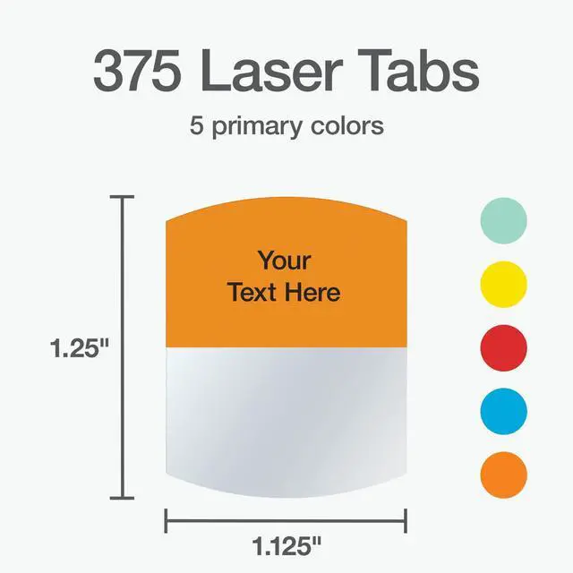 Alt view image 2 of 7 - Laser Printable Tabs, Permanent Index Tabs, Customizable Adhesive Labels, 5 Assorted Colors: Yellow, Red, Blue, Green, Orange, 1.125" x 1.25", 375 Per Pack