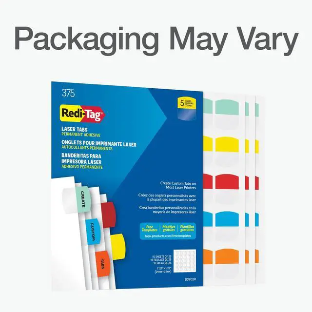 Alt view image 7 of 7 - Laser Printable Tabs, Permanent Index Tabs, Customizable Adhesive Labels, 5 Assorted Colors: Yellow, Red, Blue, Green, Orange, 1.125" x 1.25", 375 Per Pack