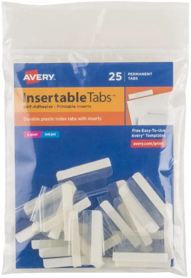Main image of Insertable Self-Adhesive Tabs with Printable Inserts, 1", Permanent Adhesive, Clear, Pack of 25 Index Tabs