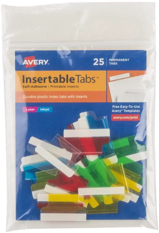 Main image of Insertable Self-Adhesive Tabs with Printable Inserts, 1", Permanent Adhesive, Assorted (Blue, Clear, Green, Red and Yellow), Pack of 25 Index Tabs